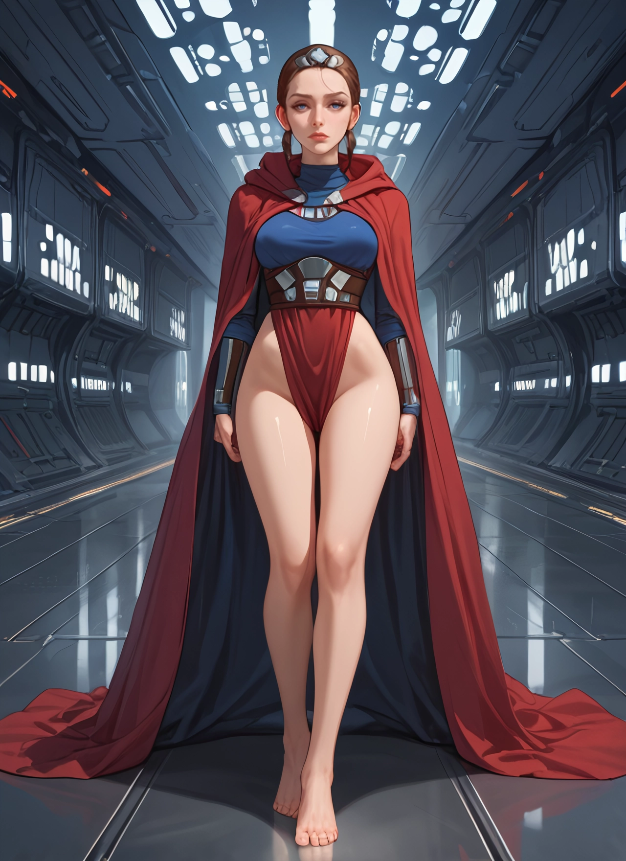 1girl, solo, barefoot, blue eyes, cape, braid · Yamete.gg