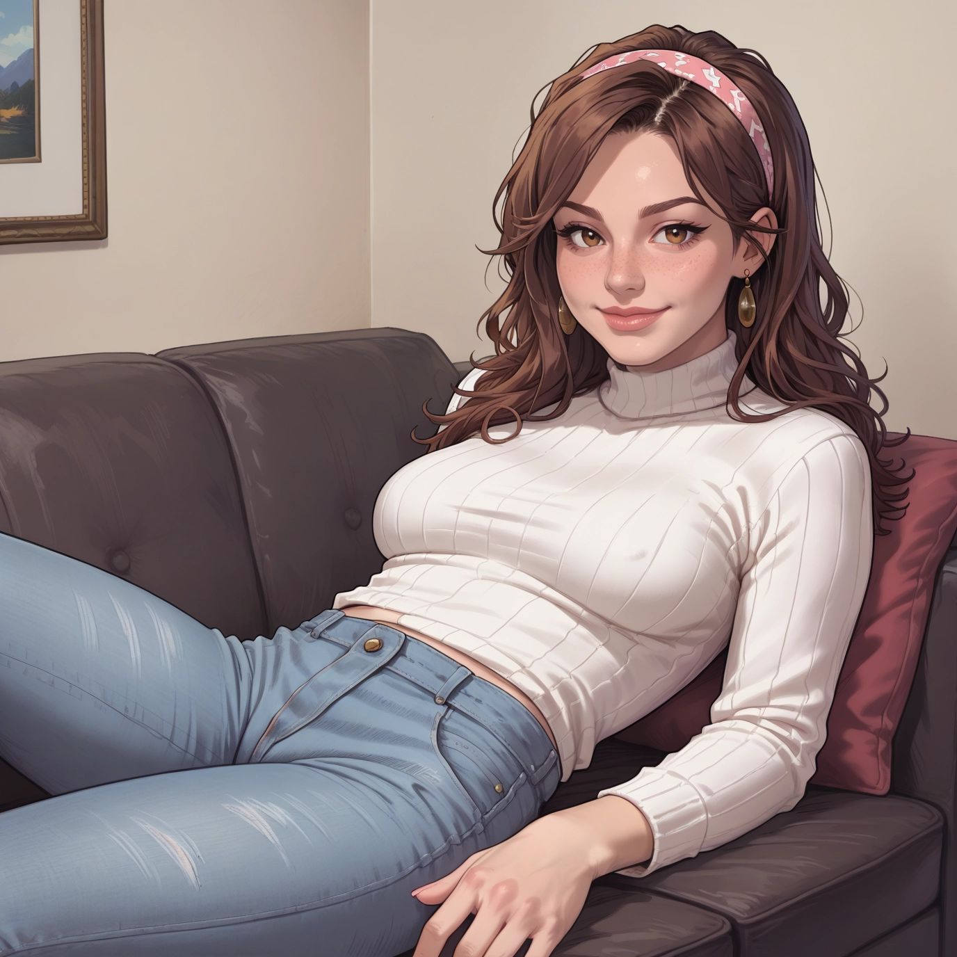1girl, brown hair, jewelry, solo, pants, earrings · Yamete.gg