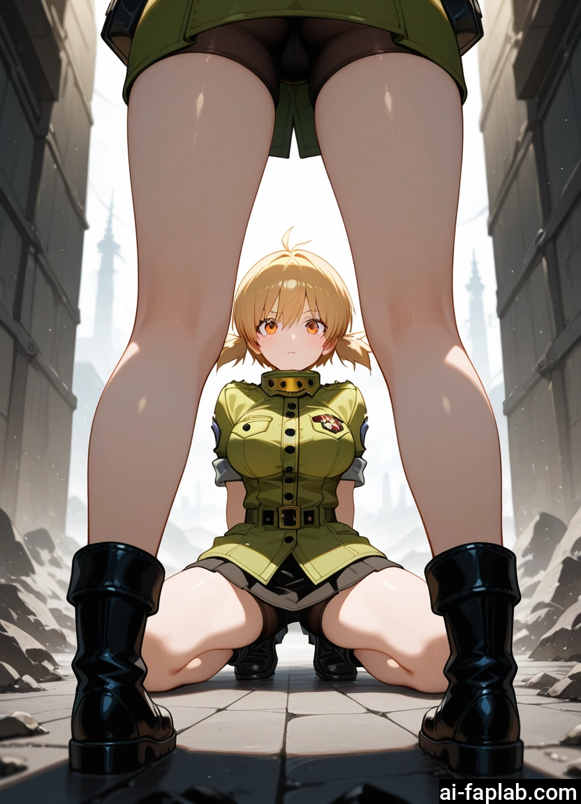 skirt, boots, bike shorts, breasts, squatting, blonde hair · Yamete.gg