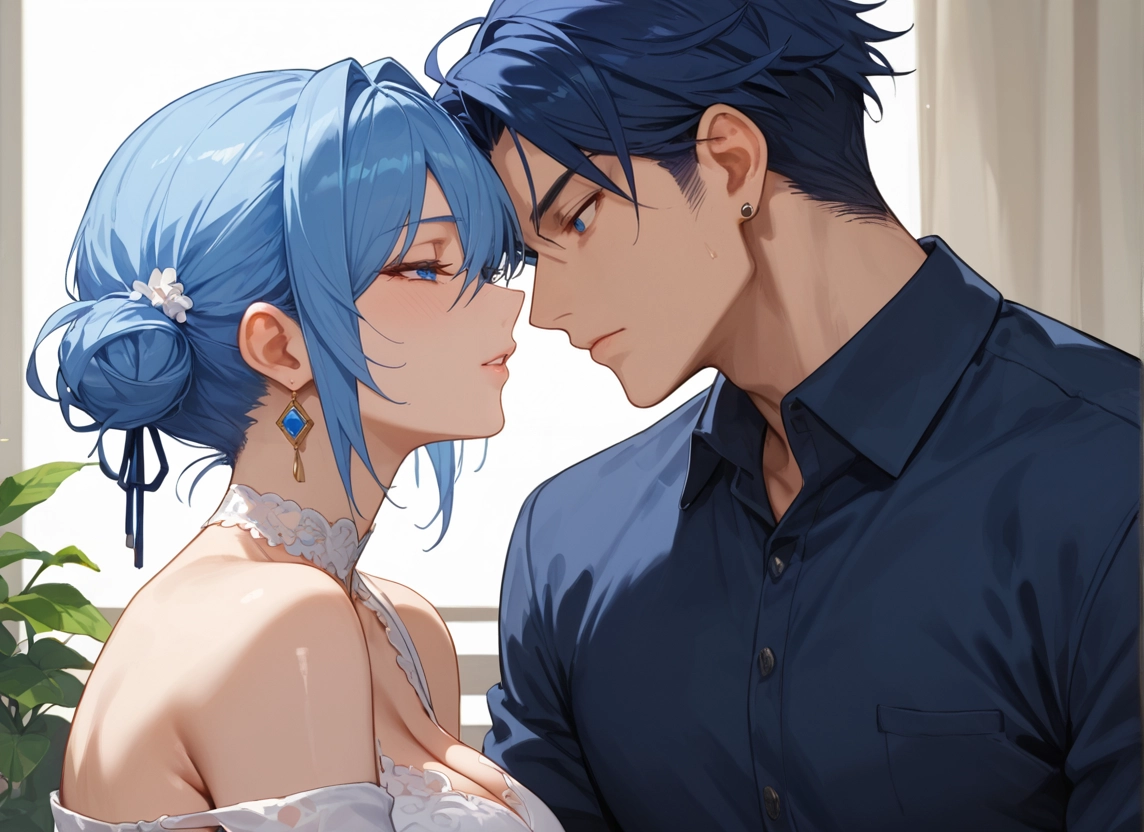 1girl, 1boy, breasts, jewelry, earrings, blue eyes · Yamete.gg