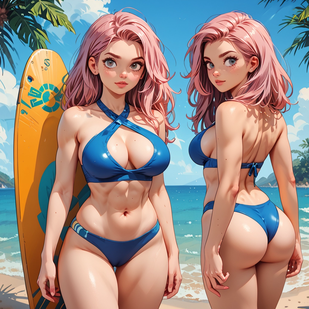 ass, breasts, swimsuit, bikini, pink hair, surfboard · Yamete.gg