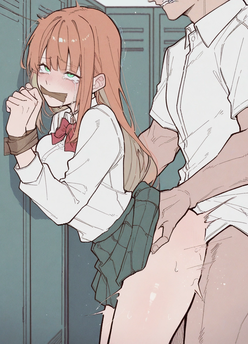 1girl, 1boy, hetero, tears, tape, improvised gag · Yamete.gg