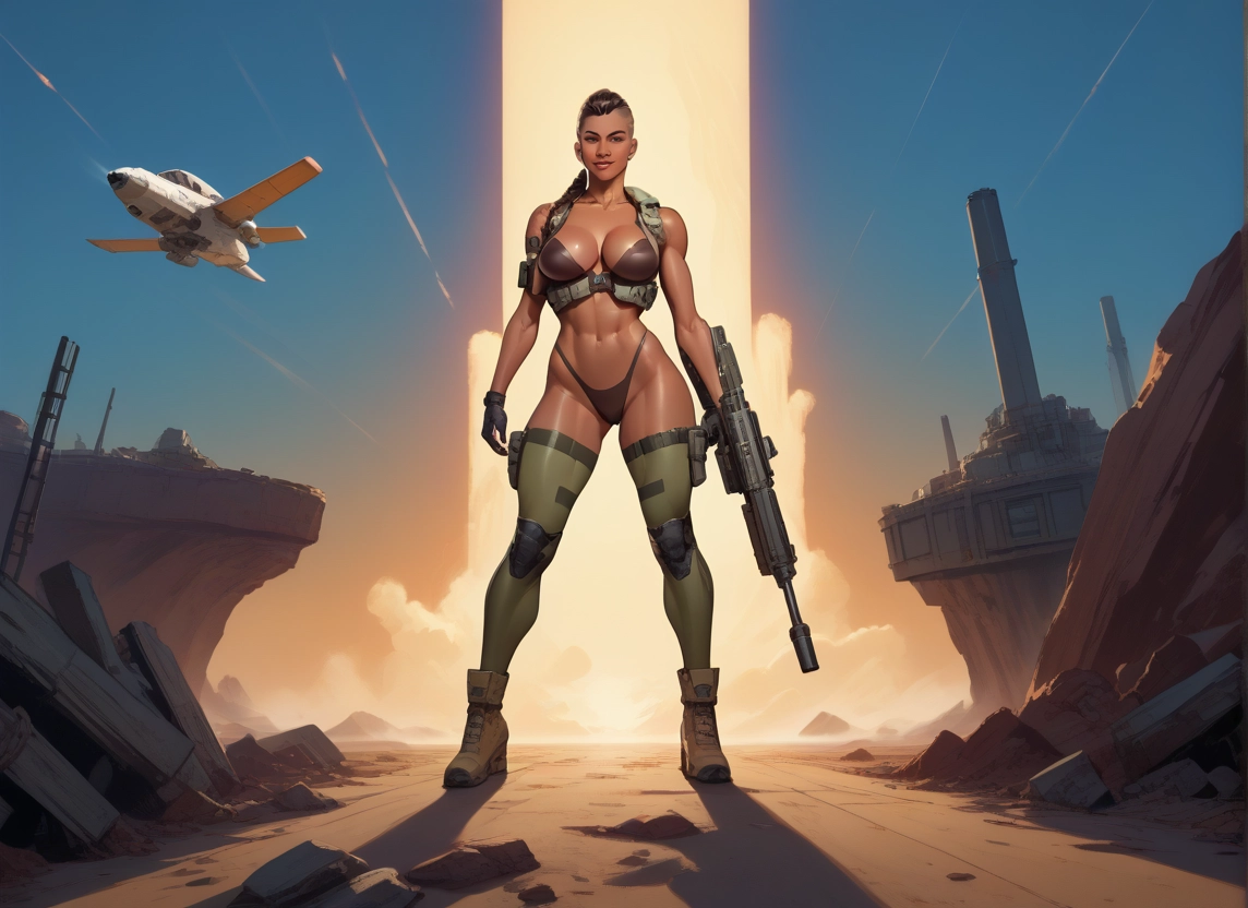 1girl, weapon, gun, breasts, solo, aircraft · Yamete.gg