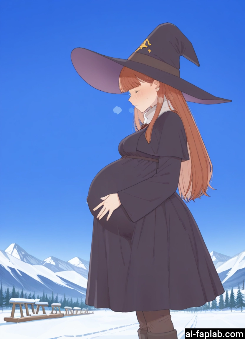 1girl, hat, witch hat, pregnant, solo, breasts
