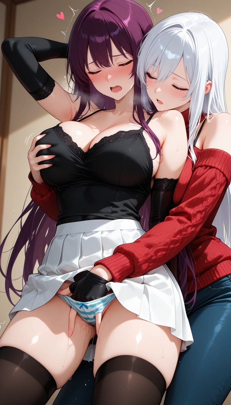 breasts, grabbing, closed eyes, multiple girls, 2girls, underwear · Yamete.gg
