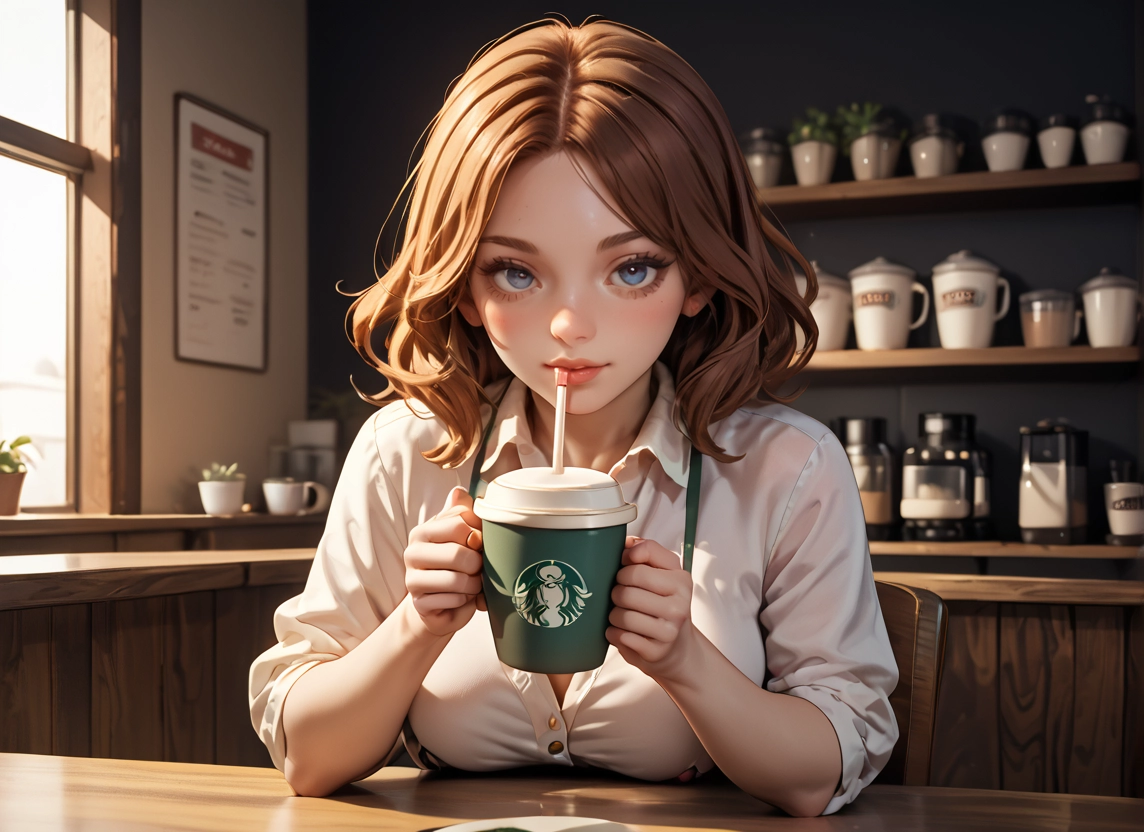 1girl, solo, blue eyes, cup, shirt, looking at viewer · Yamete.gg