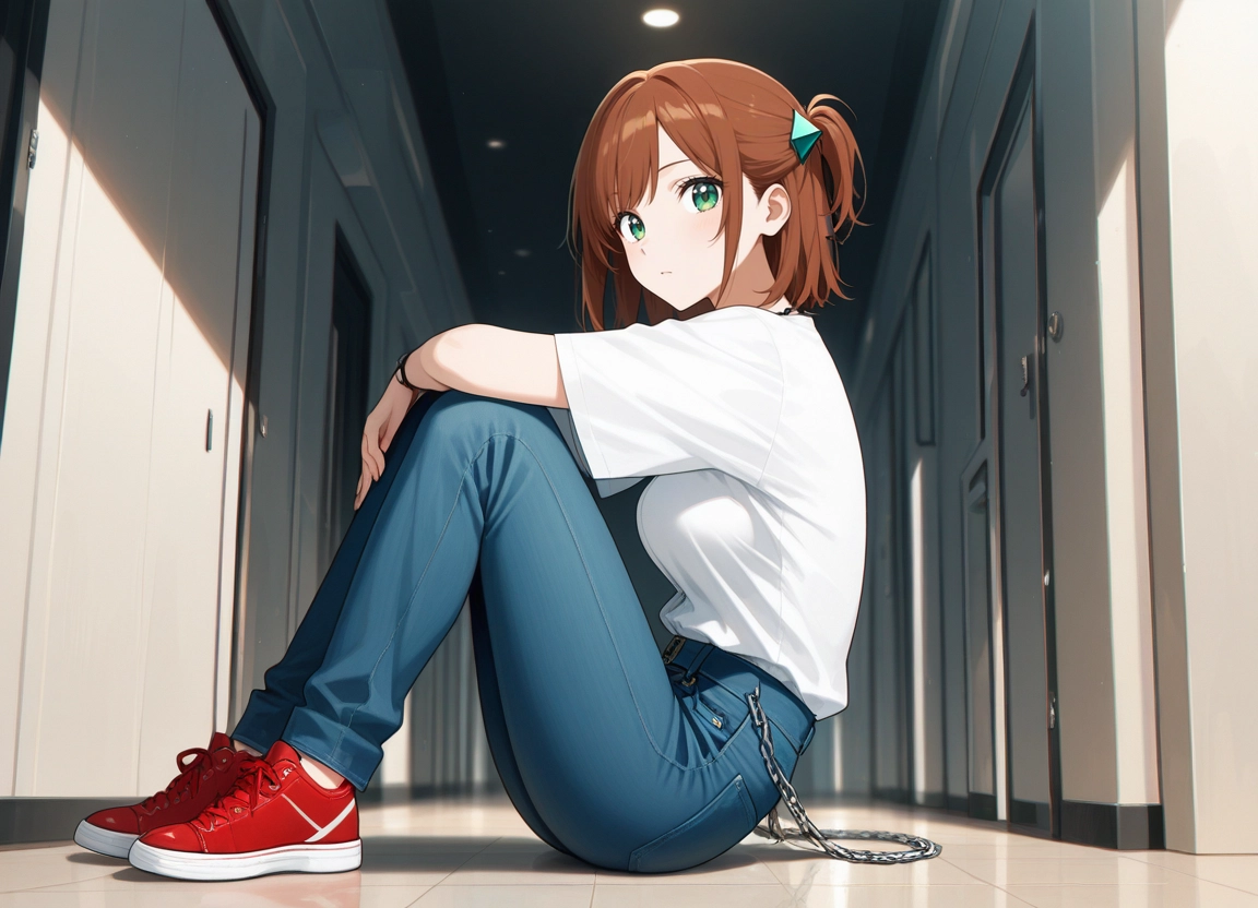 1girl, solo, shirt, pants, white shirt, denim · Yamete.gg