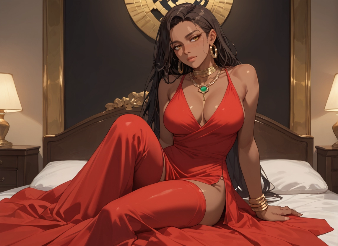 1girl, jewelry, dress, dark-skinned female, breasts, dark skin · Yamete.gg