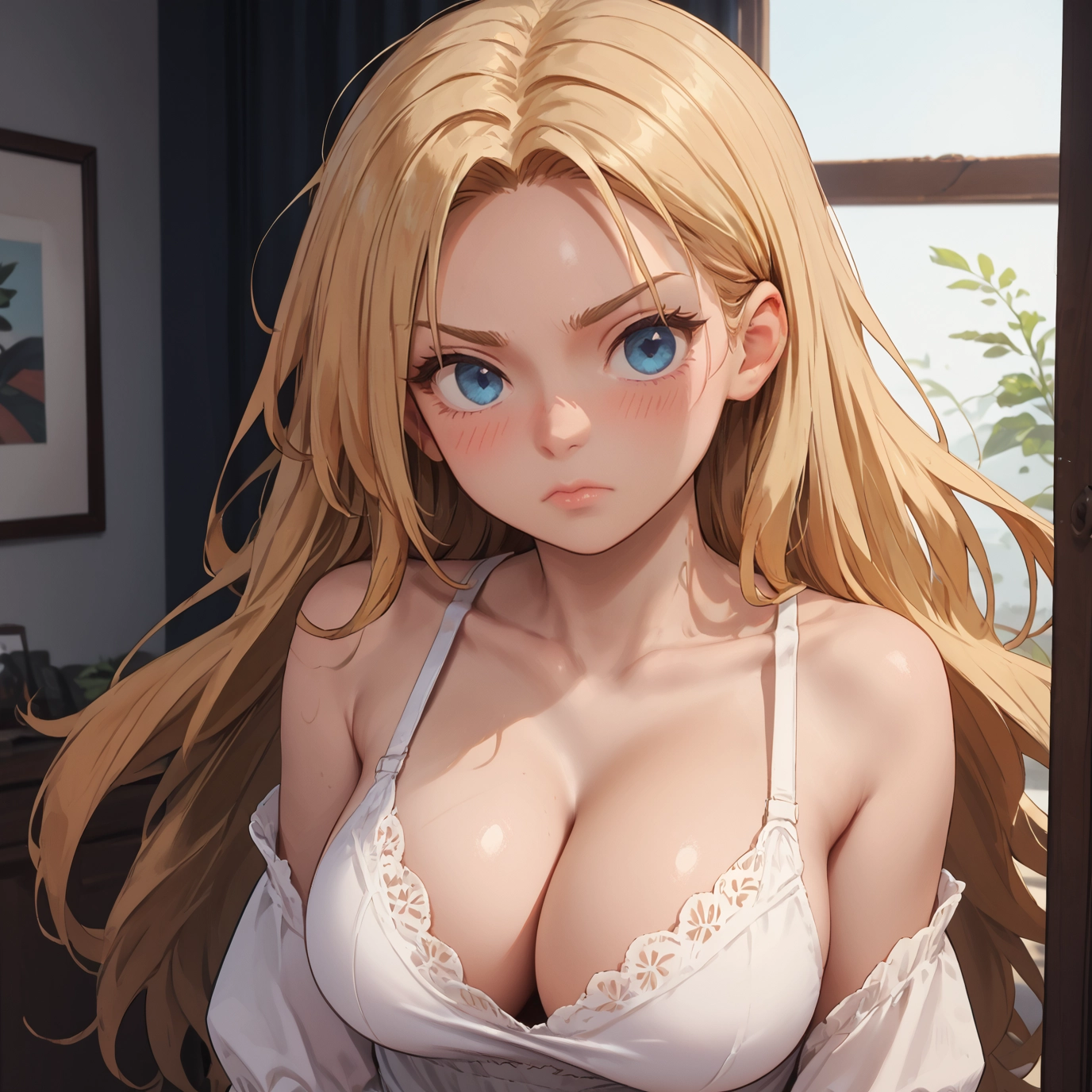 1girl, breasts, long hair, blonde hair, blue eyes, cleavage · Yamete.gg