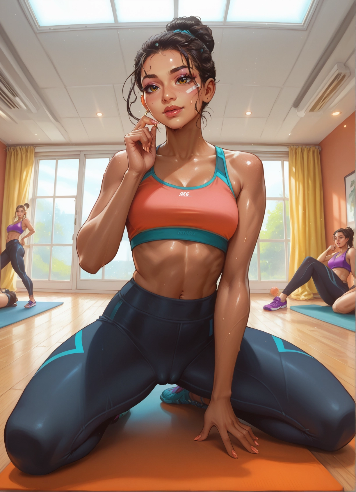 multiple girls, breasts, dark-skinned female, dark skin, sweat, sports bra · Yamete.gg