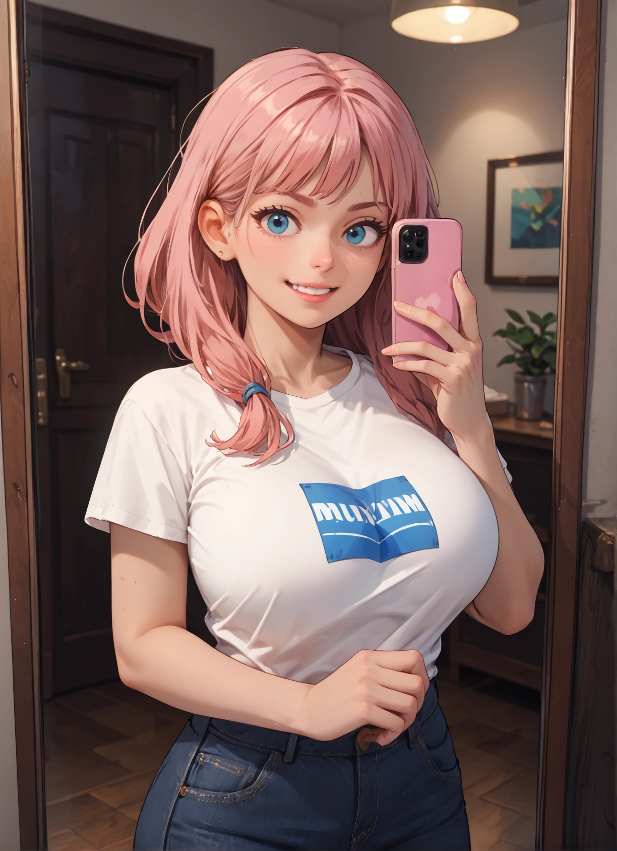 1girl, breasts, phone, blue eyes, pink hair, shirt · Yamete.gg