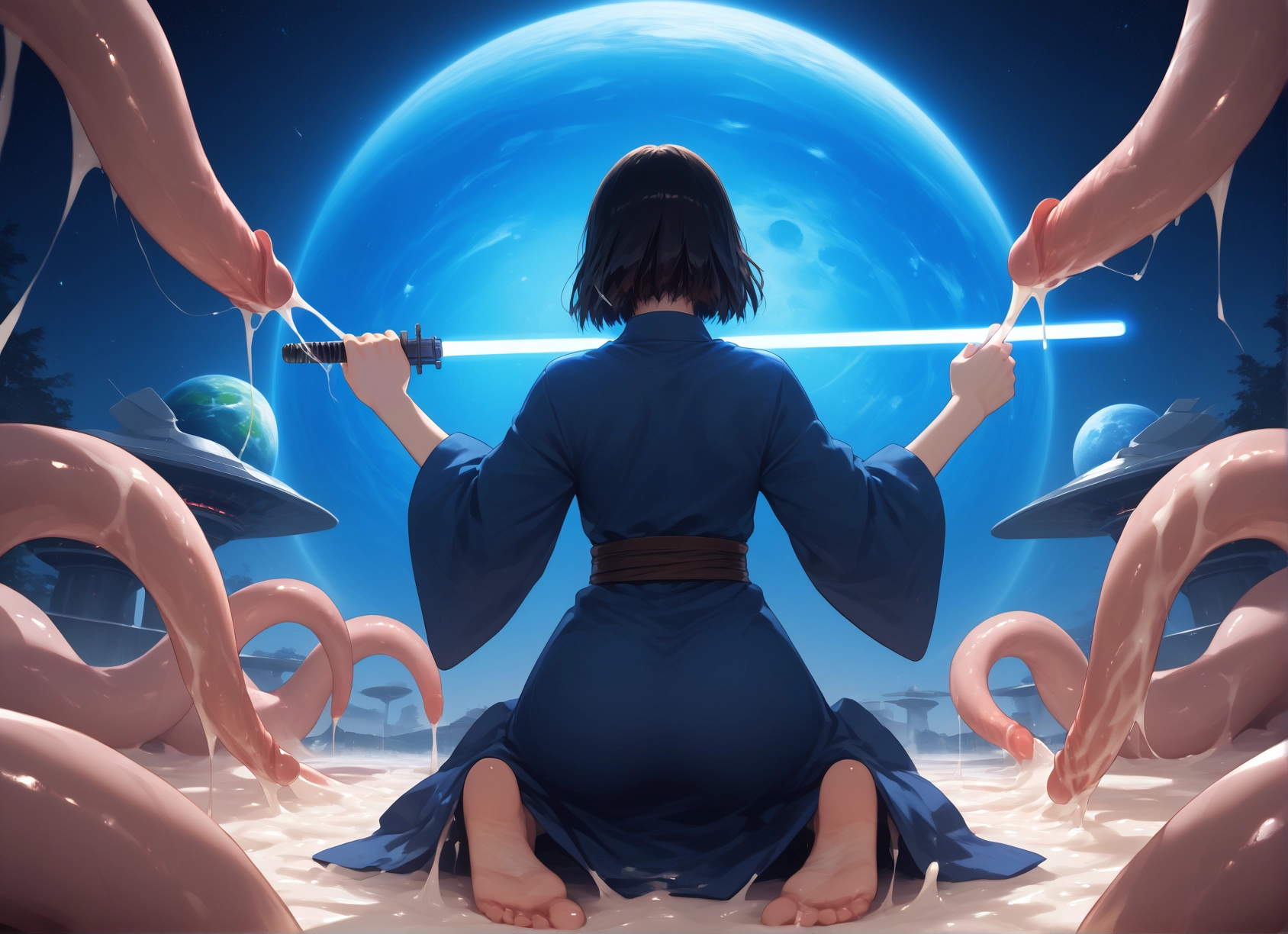sword, weapon, barefoot, tentacles, soles, black hair