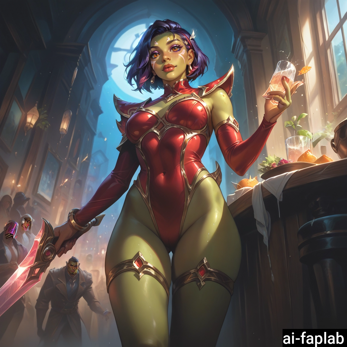 green skin, leotard, shoulder armor, weapon, breasts, 1girl · Yamete.gg