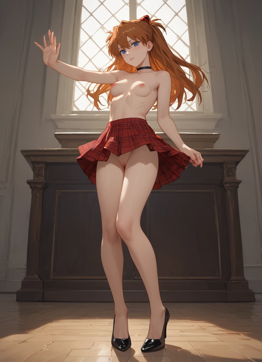 1girl, nipples, solo, souryuu asuka langley, red skirt, skirt