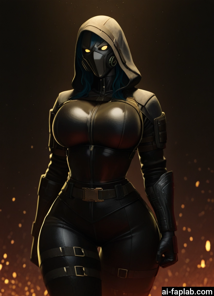 1girl, breasts, hood, mask, solo, blue hair · Yamete.gg
