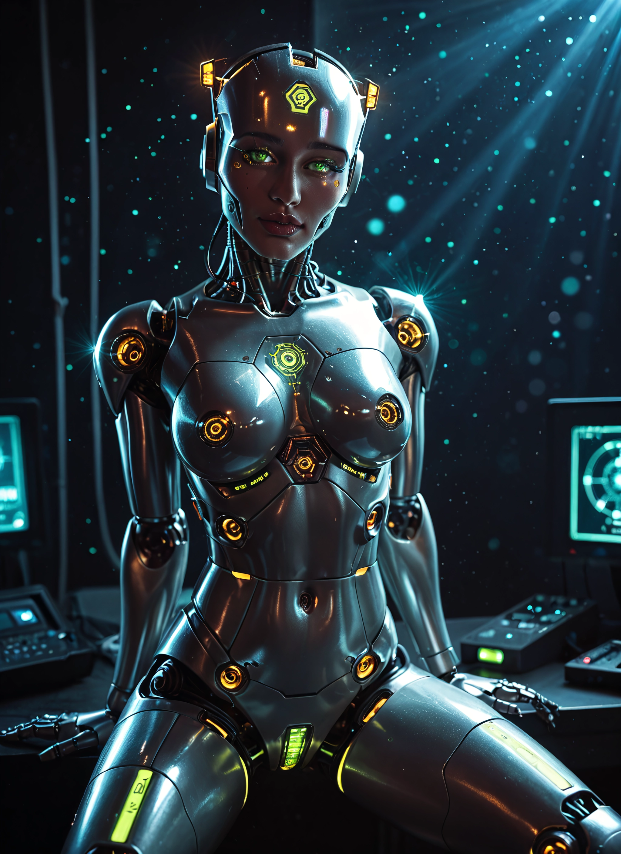 1girl, solo, green eyes, sitting, looking at viewer, breasts · Yamete.gg