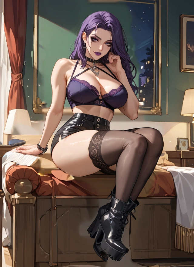 1girl, breasts, thighhighs, purple hair, bra, underwear · Yamete.gg