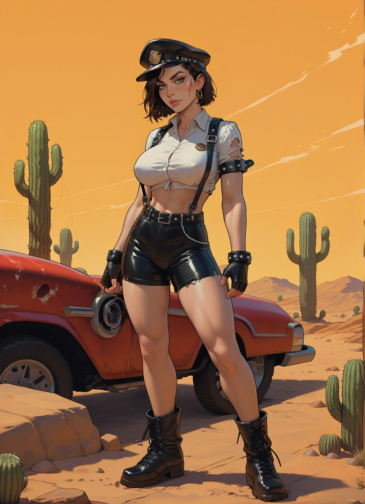 1girl, gloves, motor vehicle, ground vehicle, cactus, breasts · Yamete.gg