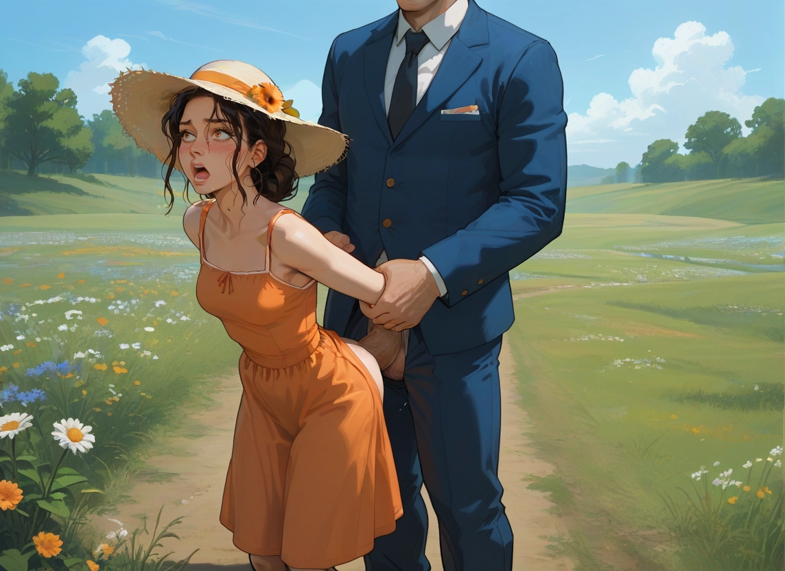 1girl, 1boy, hat, flower, outdoors, dress · Yamete.gg