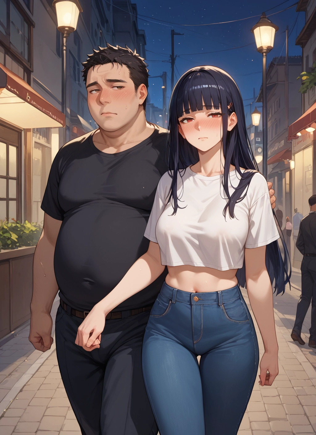 1girl, long hair, pants, black hair, blush, breasts · Yamete.gg