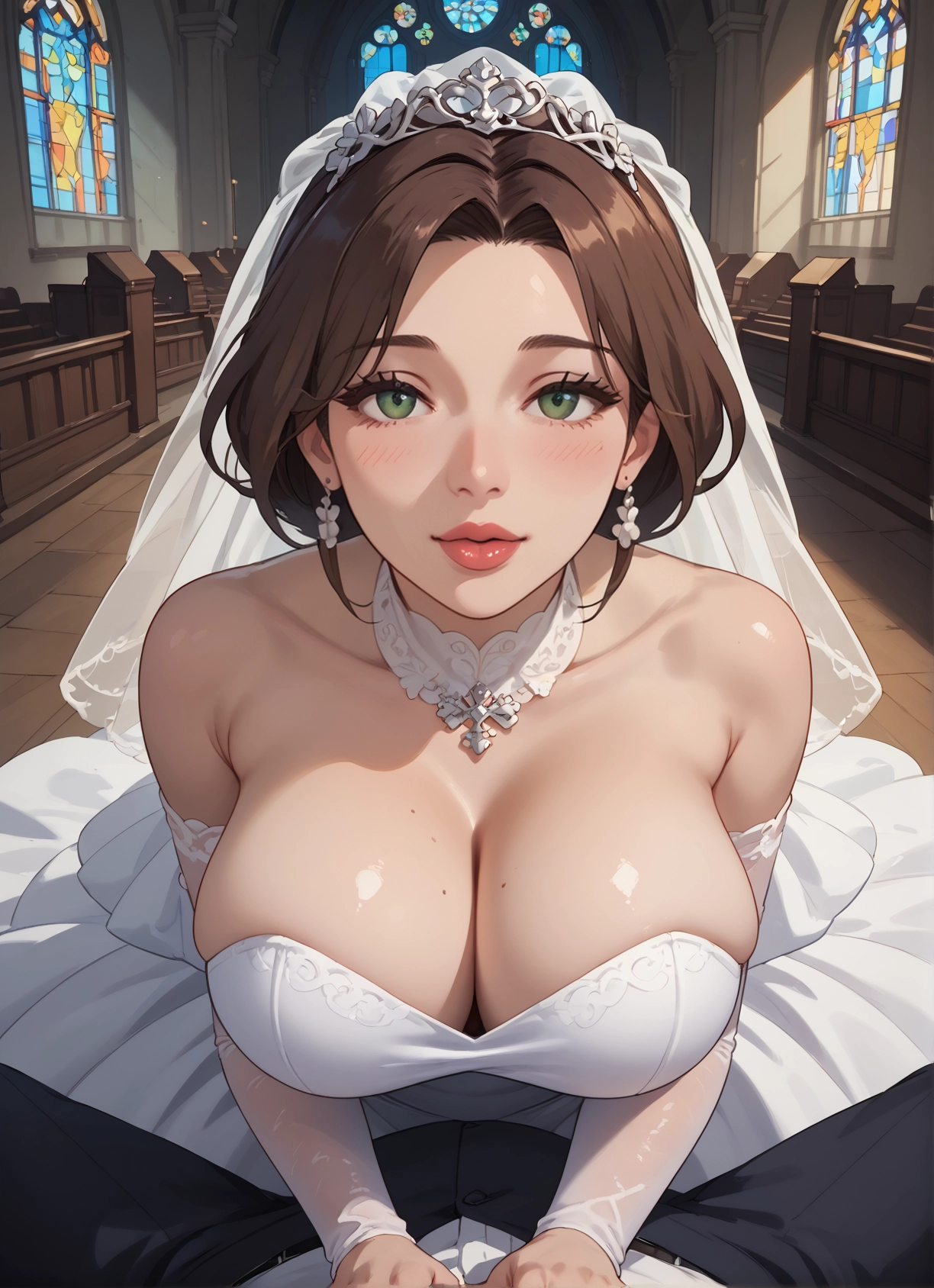 breasts, 1girl, dress, brown hair, green eyes, wedding dress · Yamete.gg