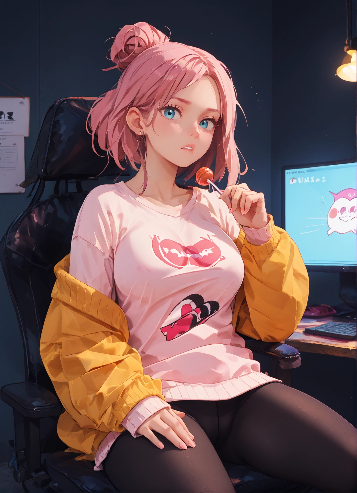 1girl, food, candy, lollipop, blue eyes, pink hair · Yamete.gg