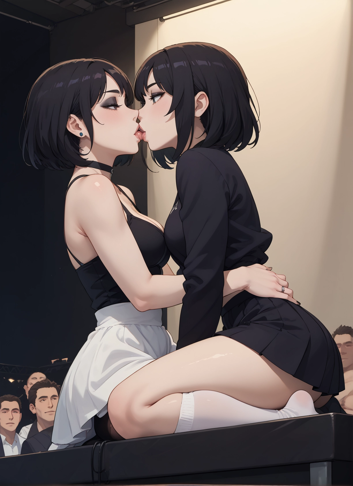 multiple girls, 2girls, breasts, kiss, skirt, jewelry · Yamete.gg