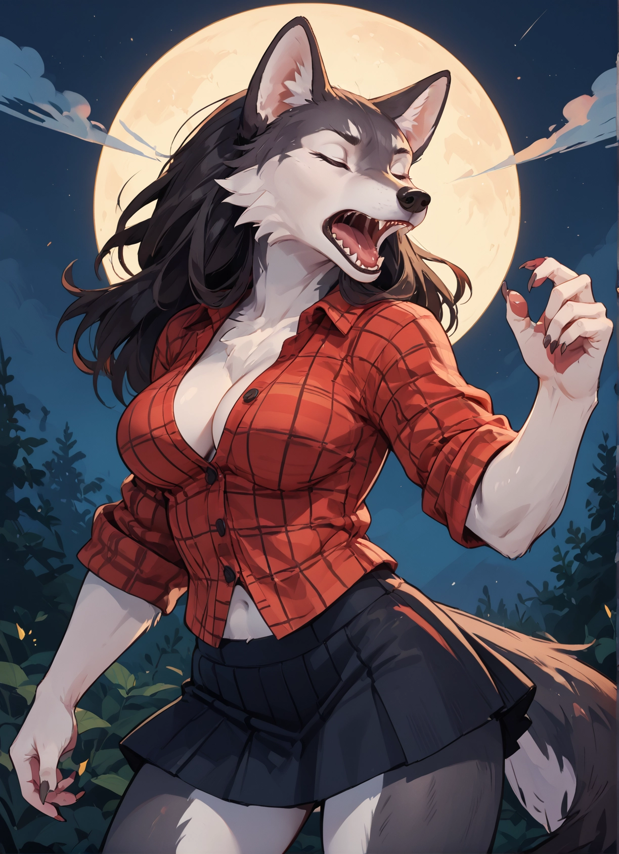 furry, 1girl, breasts, skirt, moon, solo · Yamete.gg