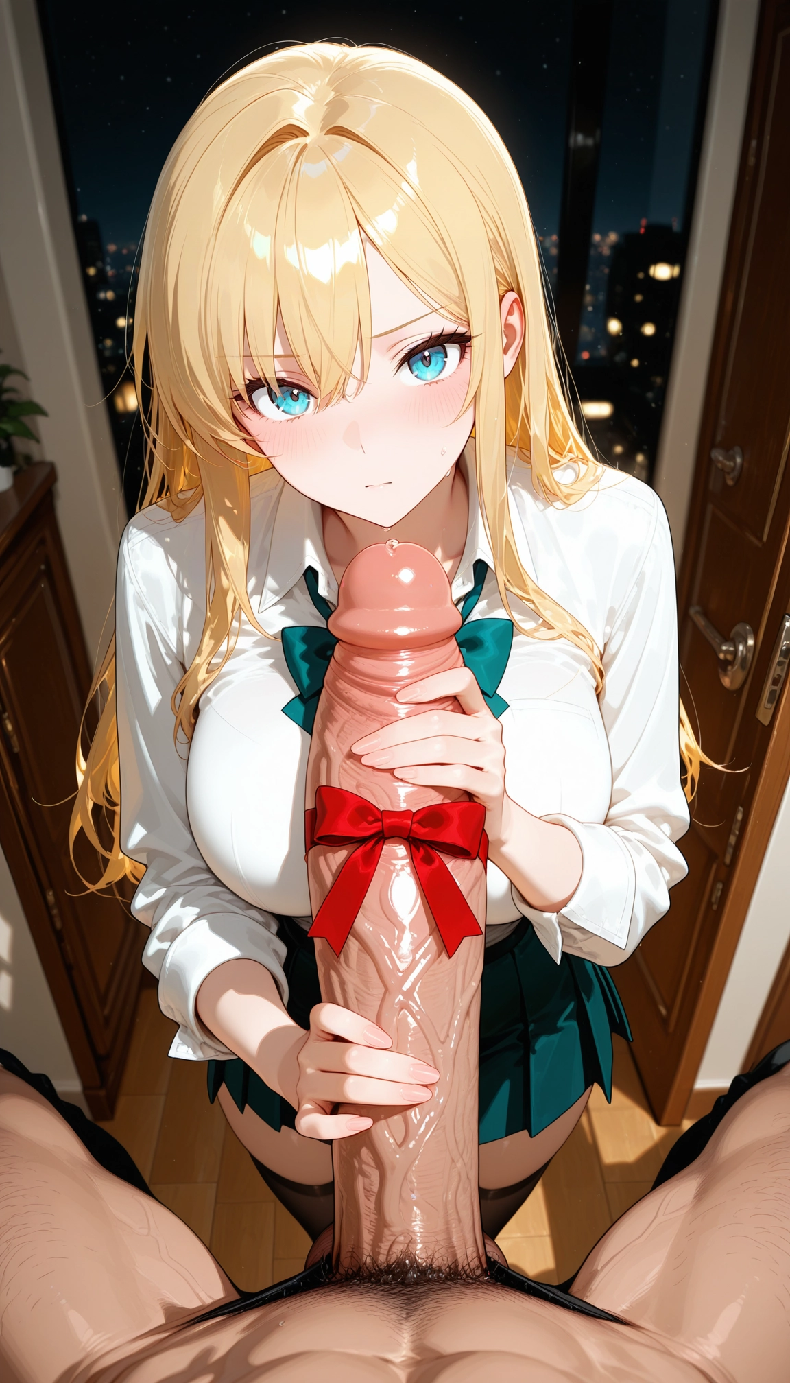 1girl, penis, 1boy, blonde hair, hetero, skirt