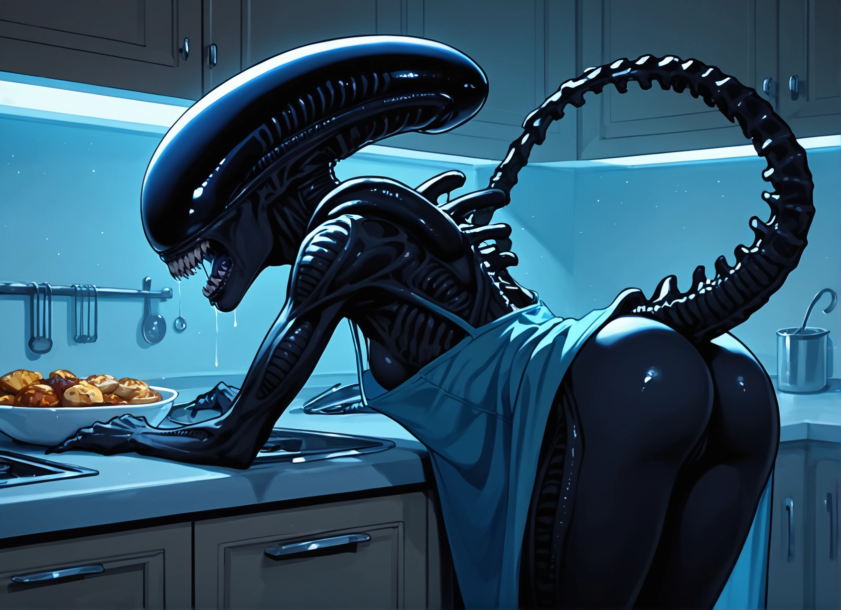 ass, apron, 1girl, tail, food, saliva · Yamete.gg