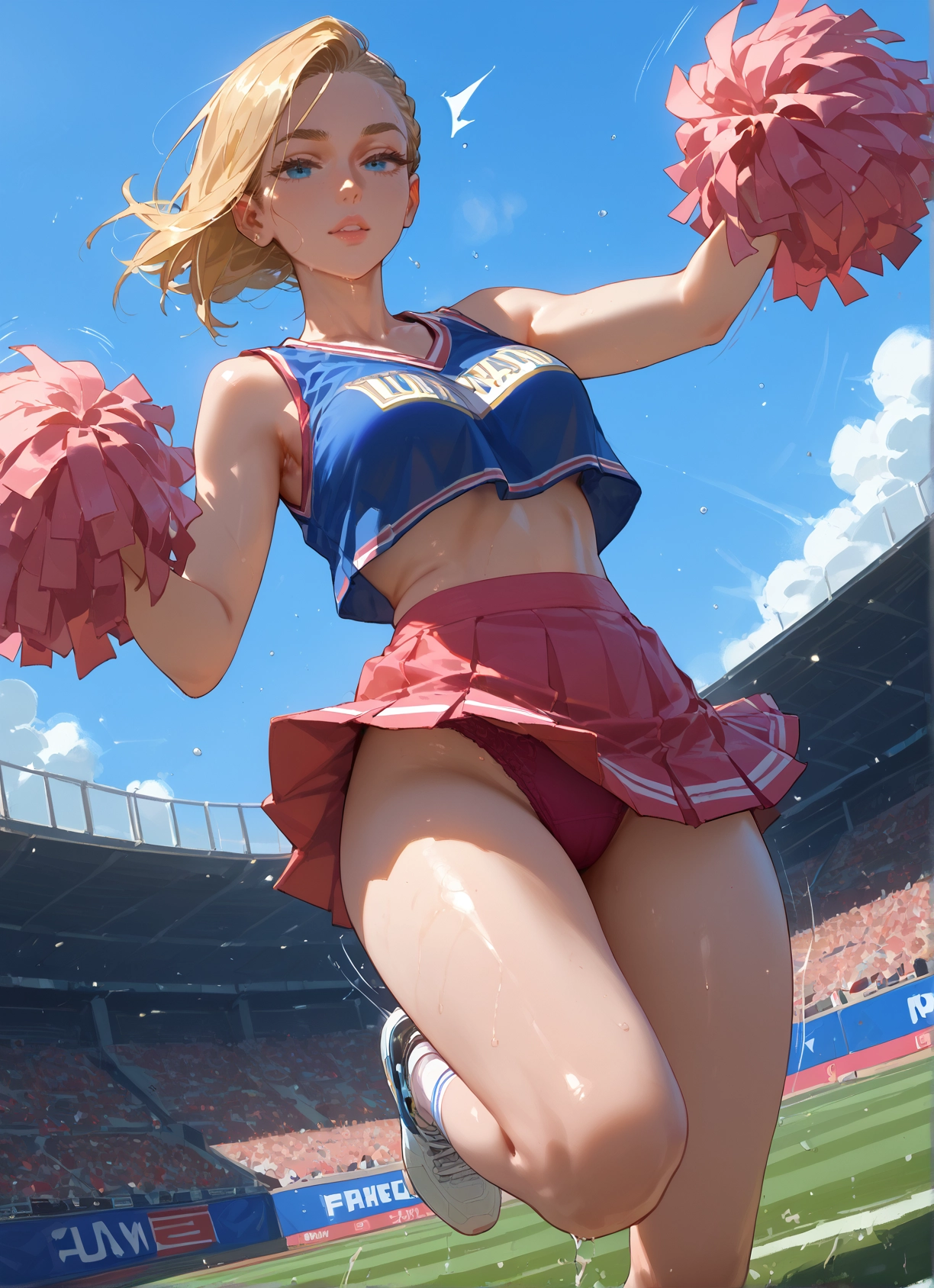 1girl, blonde hair, pom pom (cheerleading), cheerleader, skirt, underwear · Yamete.gg