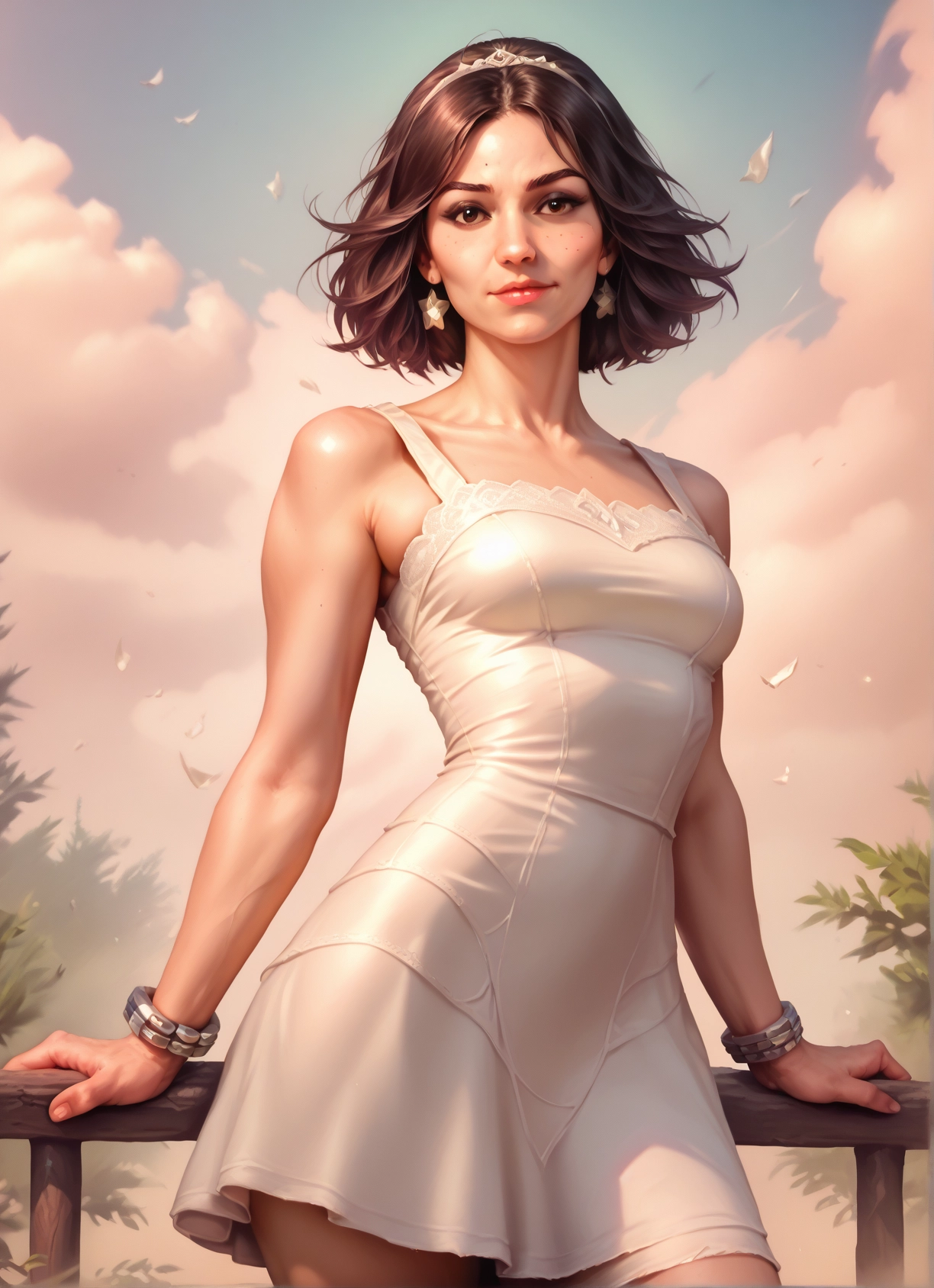 1girl, solo, jewelry, dress, earrings, freckles · Yamete.gg
