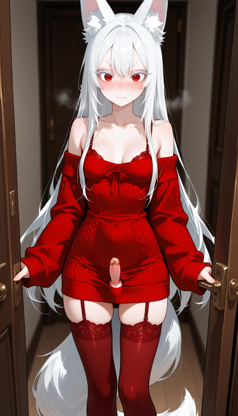 futanari, 1girl, animal ears, white hair, red eyes, penis · Yamete.gg