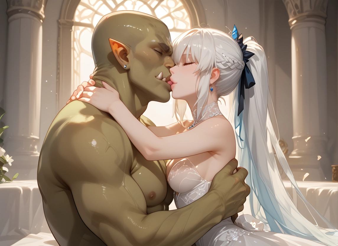 1girl, 1boy, dress, breasts, long hair, kiss · Yamete.gg