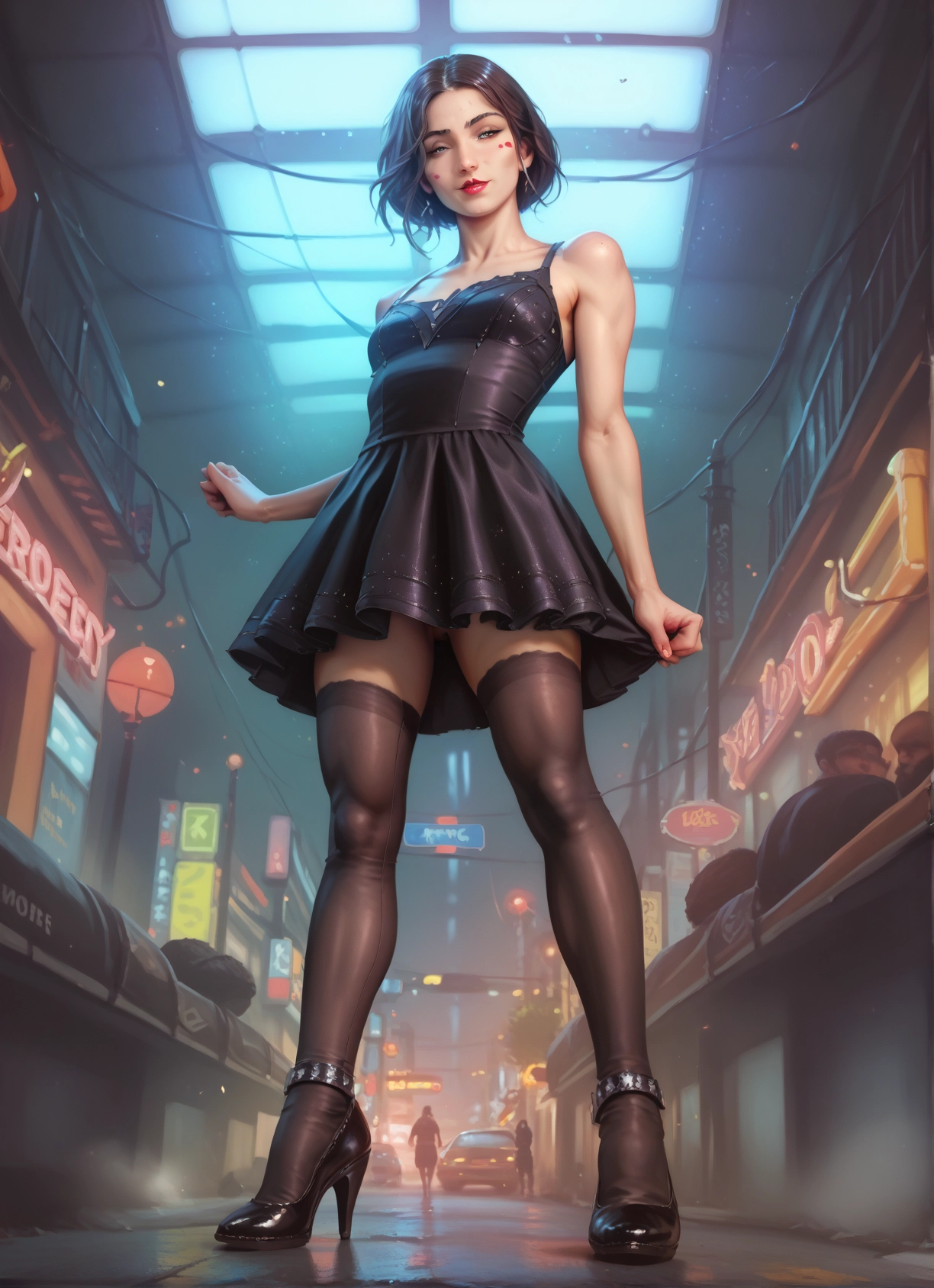 thighhighs, high heels, dress, 1girl, ground vehicle, breasts · Yamete.gg