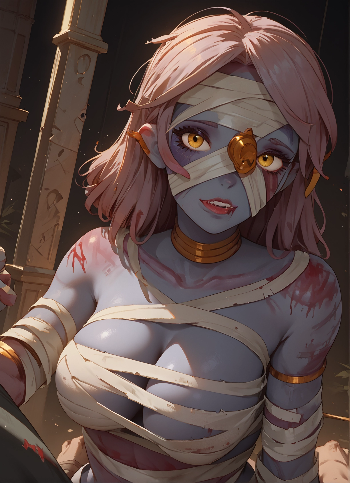 1girl, breasts, colored skin, bandages, blue skin, solo · Yamete.gg