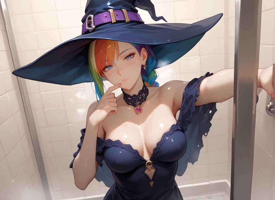 1girl, breasts, hat, witch hat, multicolored hair, solo · Yamete.gg