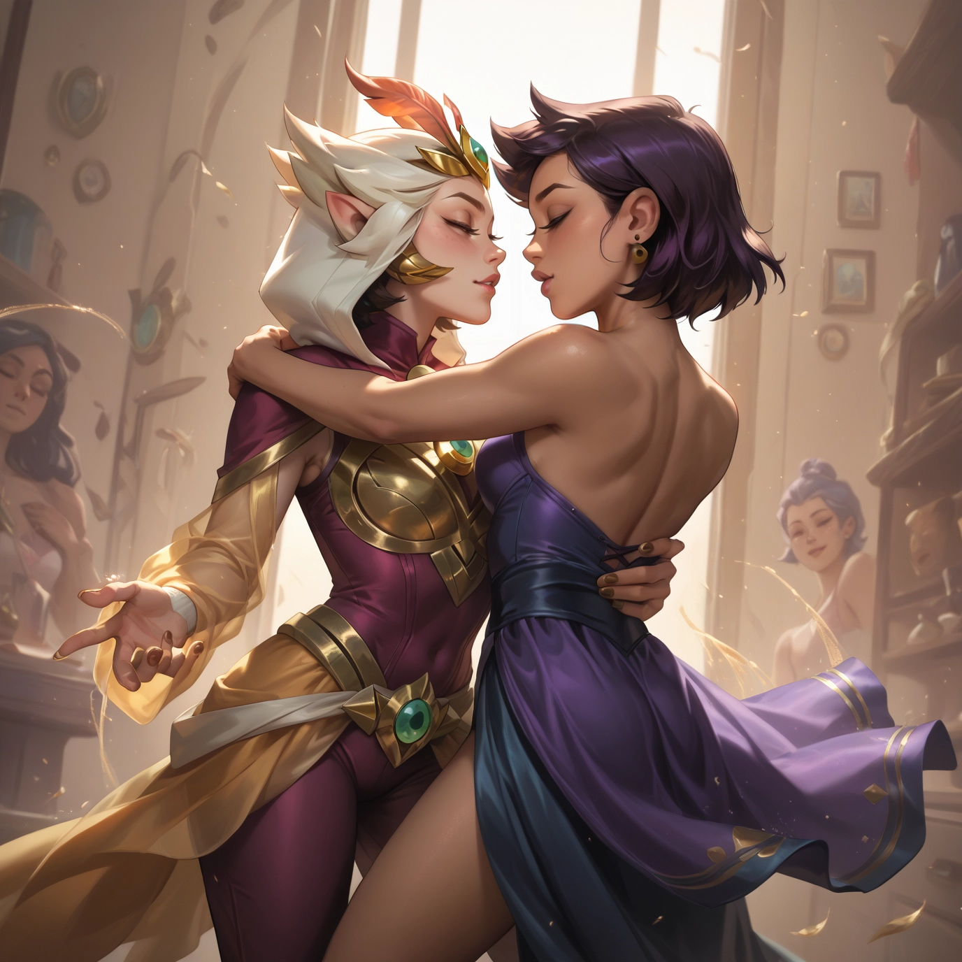 multiple girls, pointy ears, jewelry, earrings, closed eyes, dress · Yamete.gg