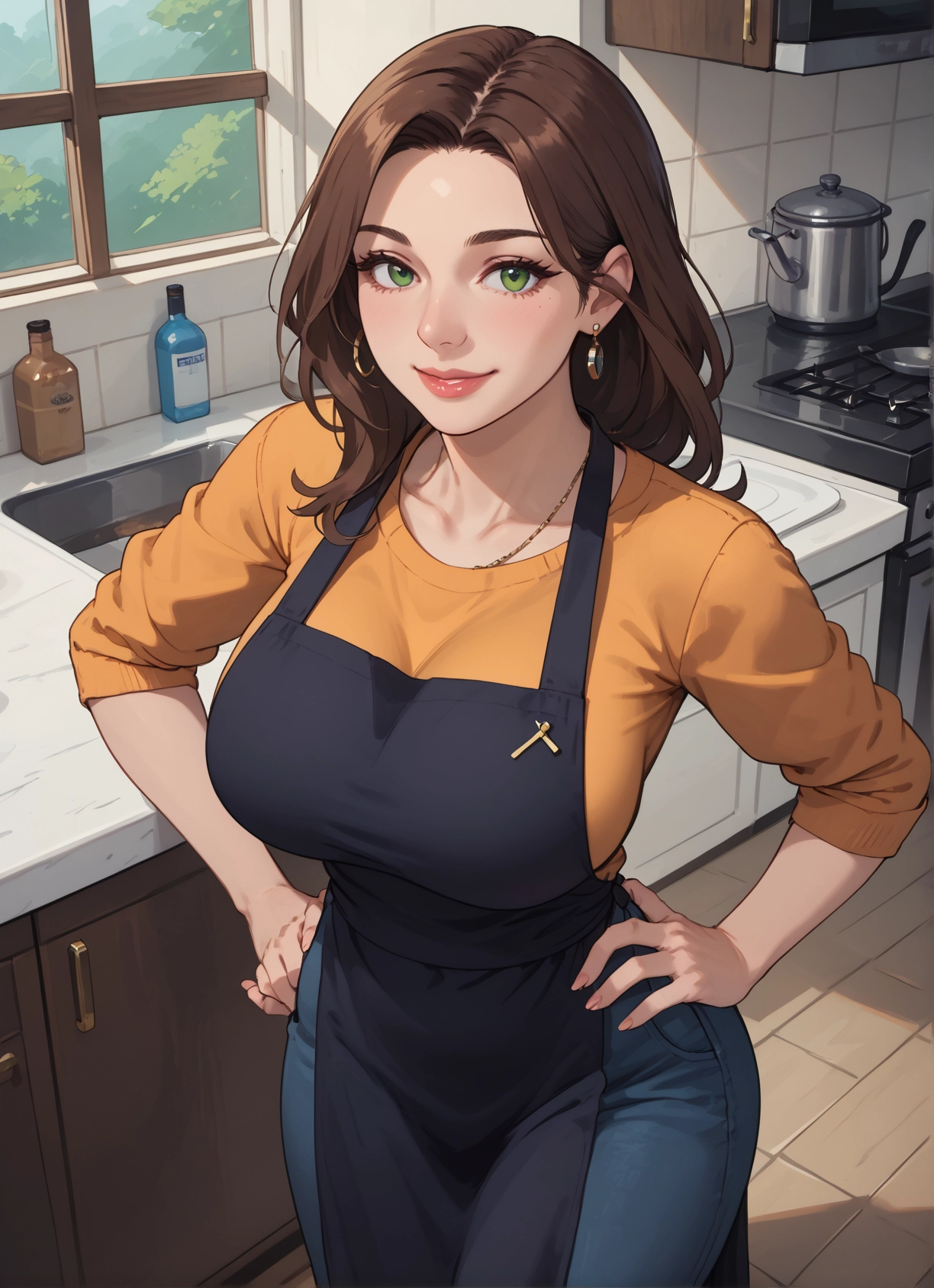 1girl, green eyes, jewelry, earrings, breasts, brown hair · Yamete.gg