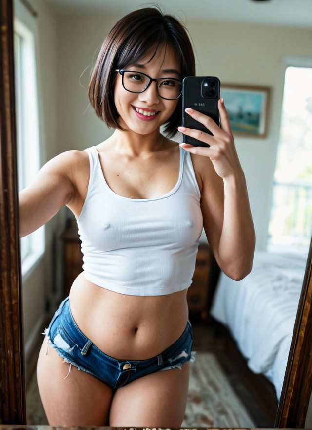 1girl, shorts, solo, phone, selfie, glasses · Yamete.gg