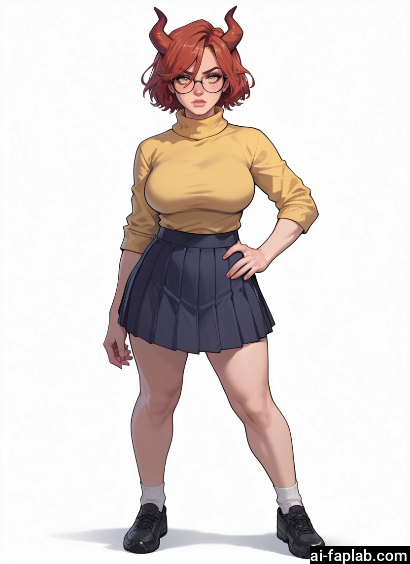 1girl, skirt, glasses, horns, solo, breasts · Yamete.gg