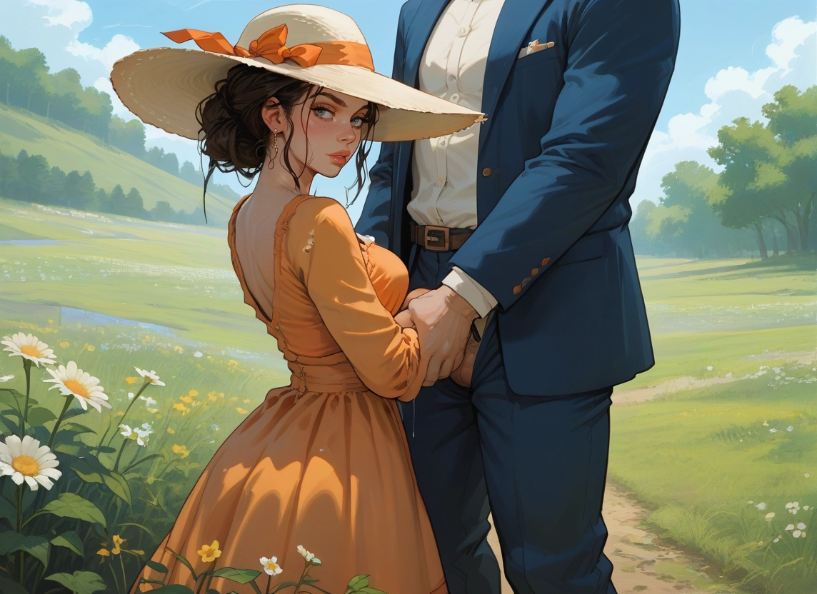 1girl, hat, dress, 1boy, outdoors, flower · Yamete.gg