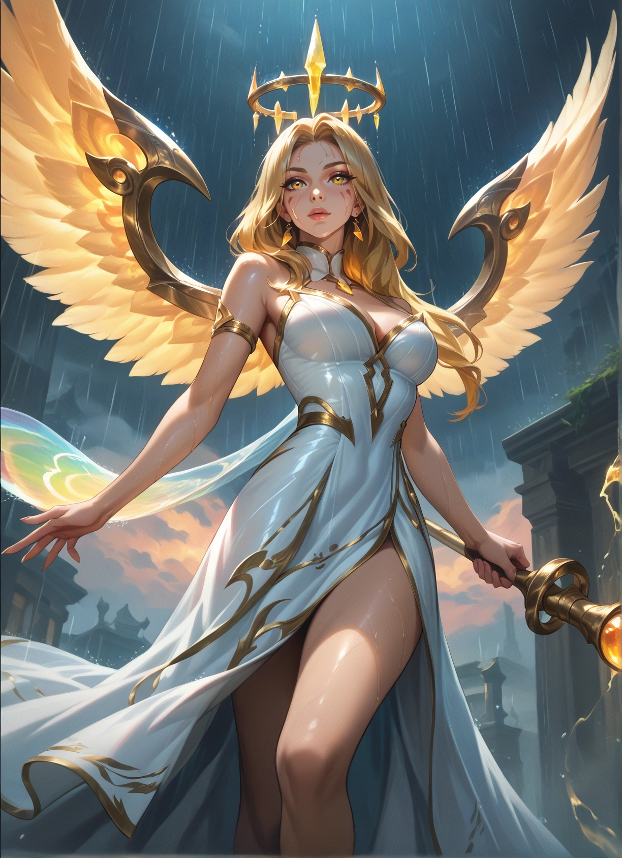 1girl, rain, breasts, dress, white dress, wings · Yamete.gg