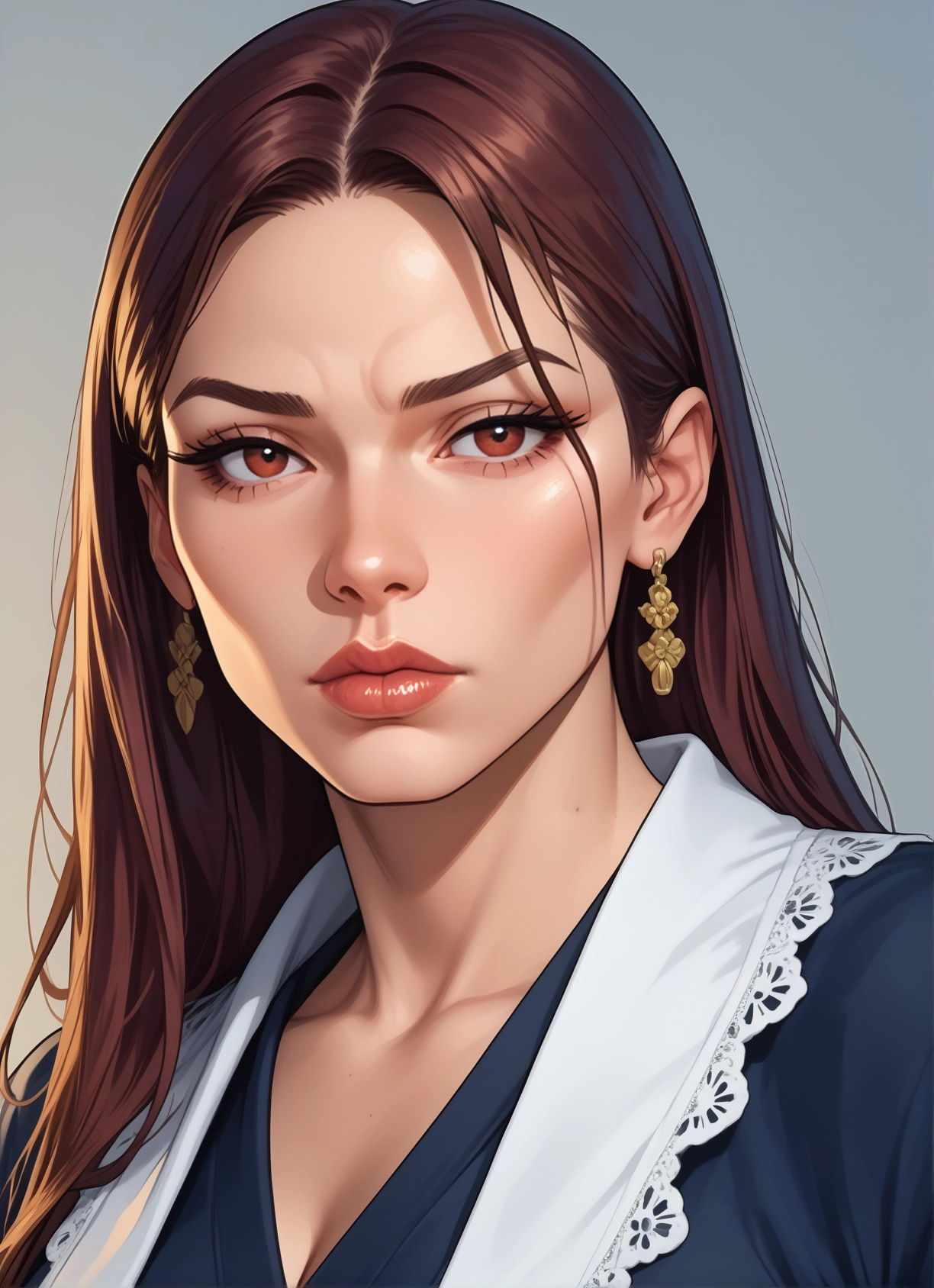 1girl, solo, jewelry, earrings, brown hair, looking at viewer · Yamete.gg