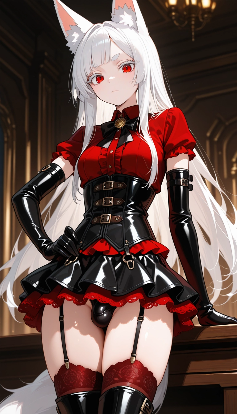 garter straps, gloves, solo, thighhighs, red thighhighs, red eyes · Yamete.gg