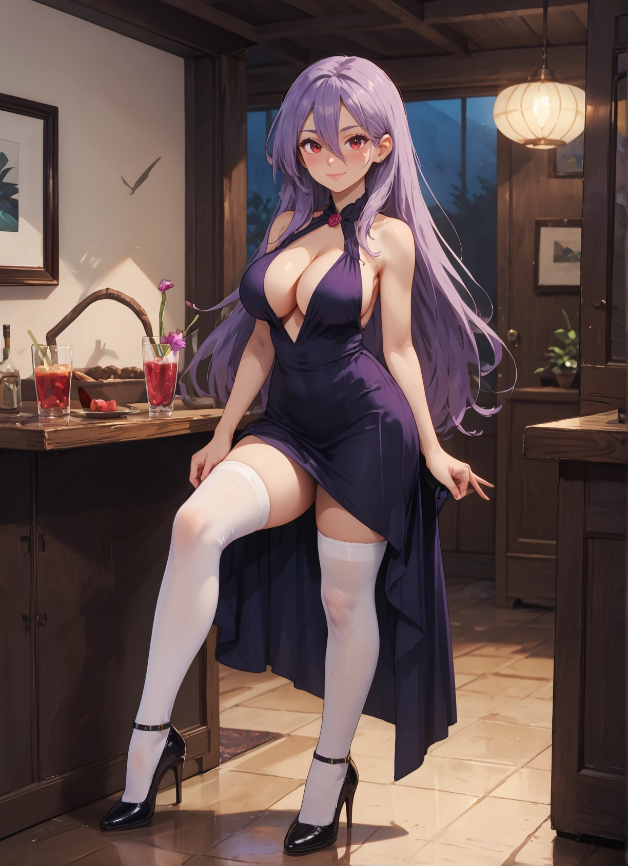 breasts, 1girl, thighhighs, dress, long hair, white legwear · Yamete.gg
