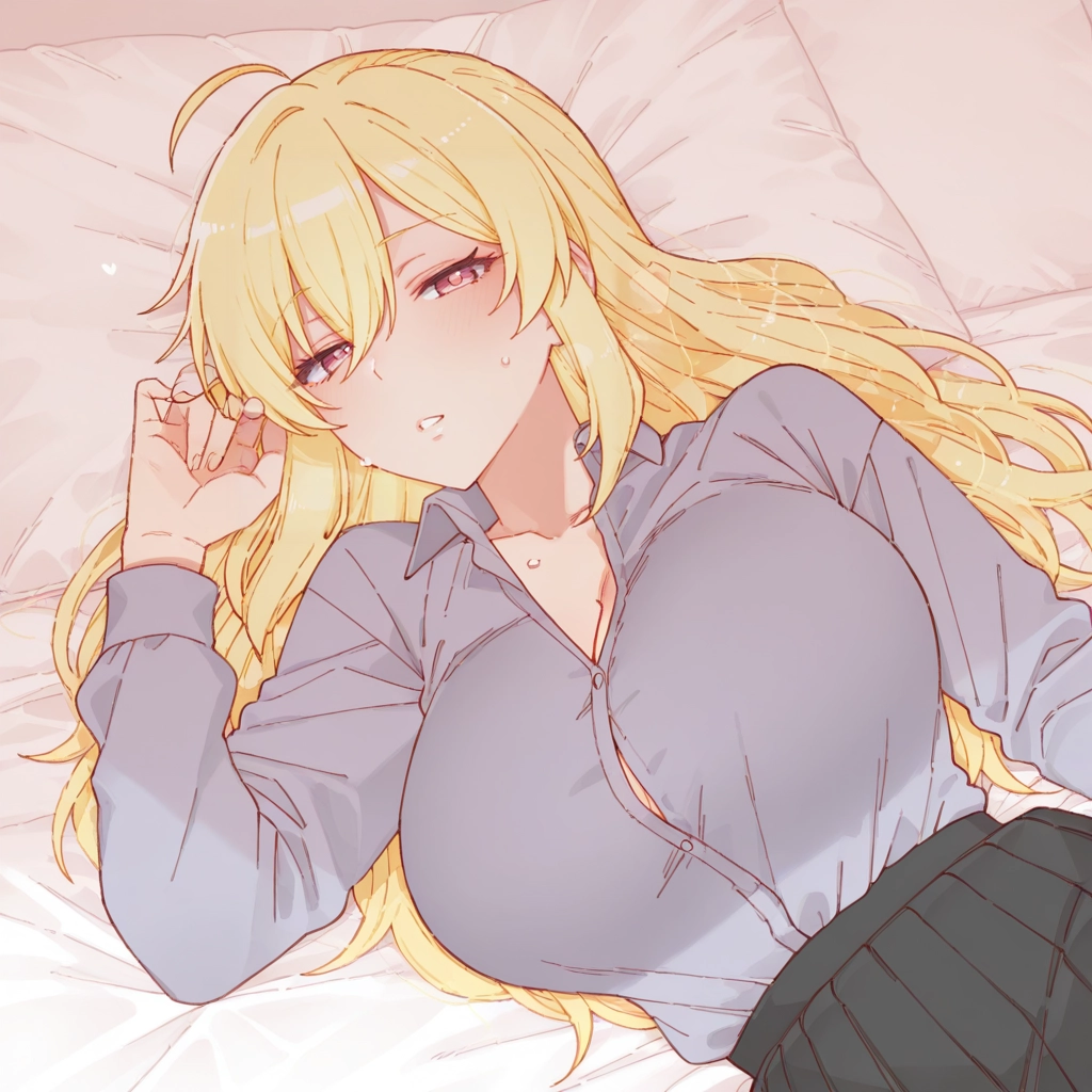 1girl, breasts, lying, parted lips, blonde hair, solo