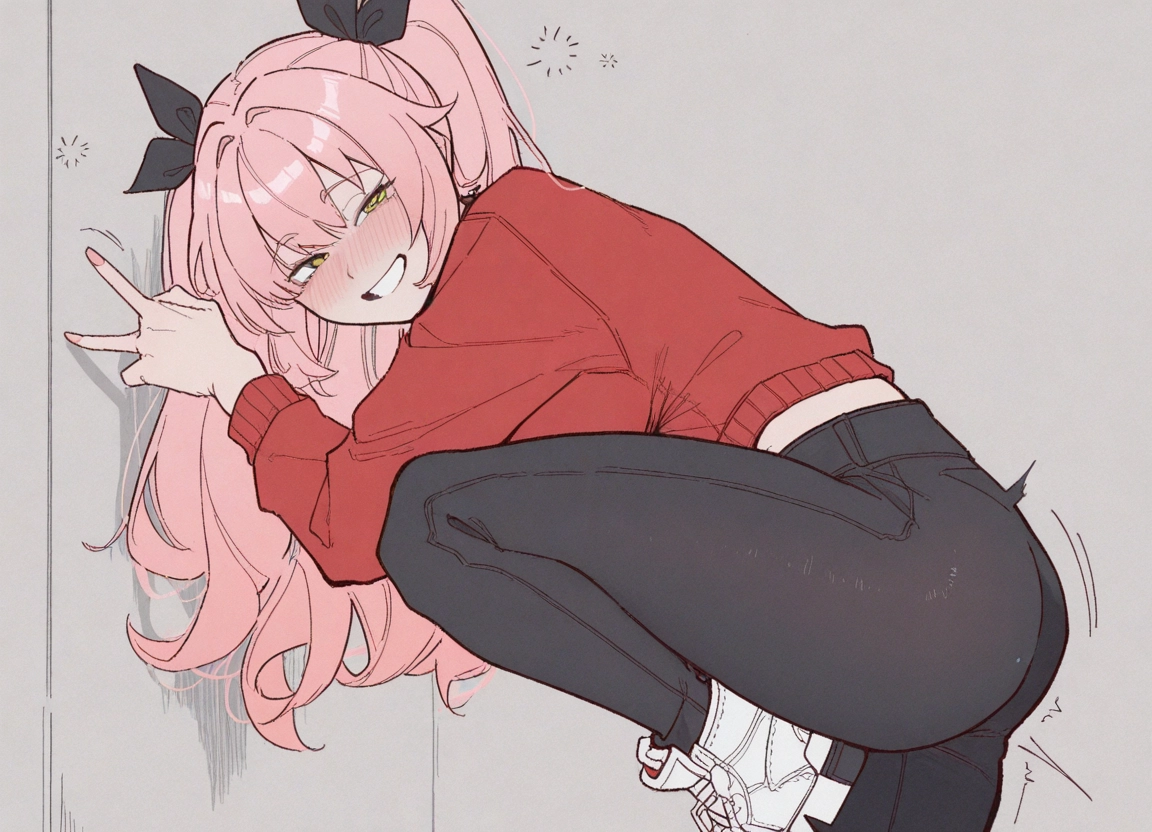 1girl, pink hair, blush, pants, solo, smile · Yamete.gg