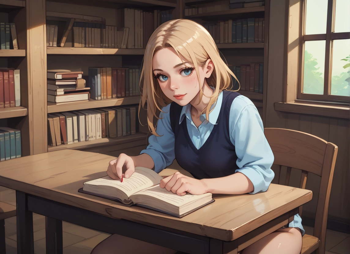 1girl, book, solo, blue eyes, blonde hair, bookshelf · Yamete.gg