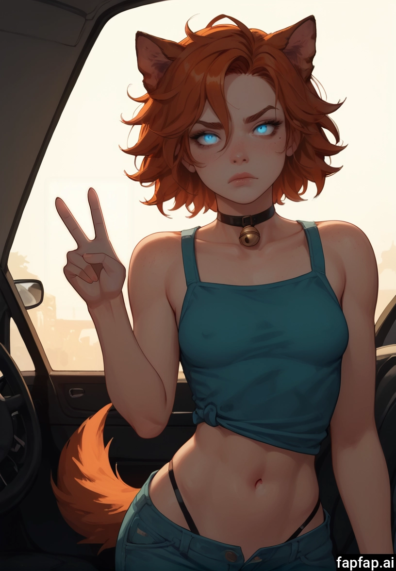 1girl, solo, animal ears, navel, v, tail · Yamete.gg